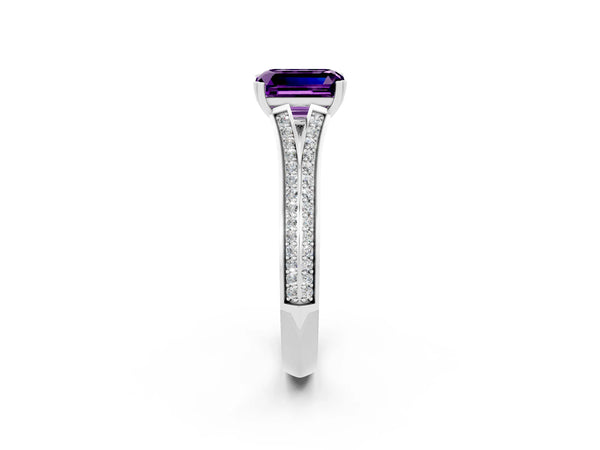 White gold Emerald Cut Amethyst Split Shank Engagement Ring with Pavé Band