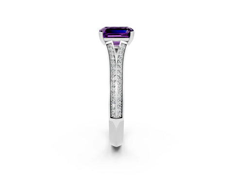 White gold Emerald Cut Amethyst Split Shank Engagement Ring with Pavé Band_2
