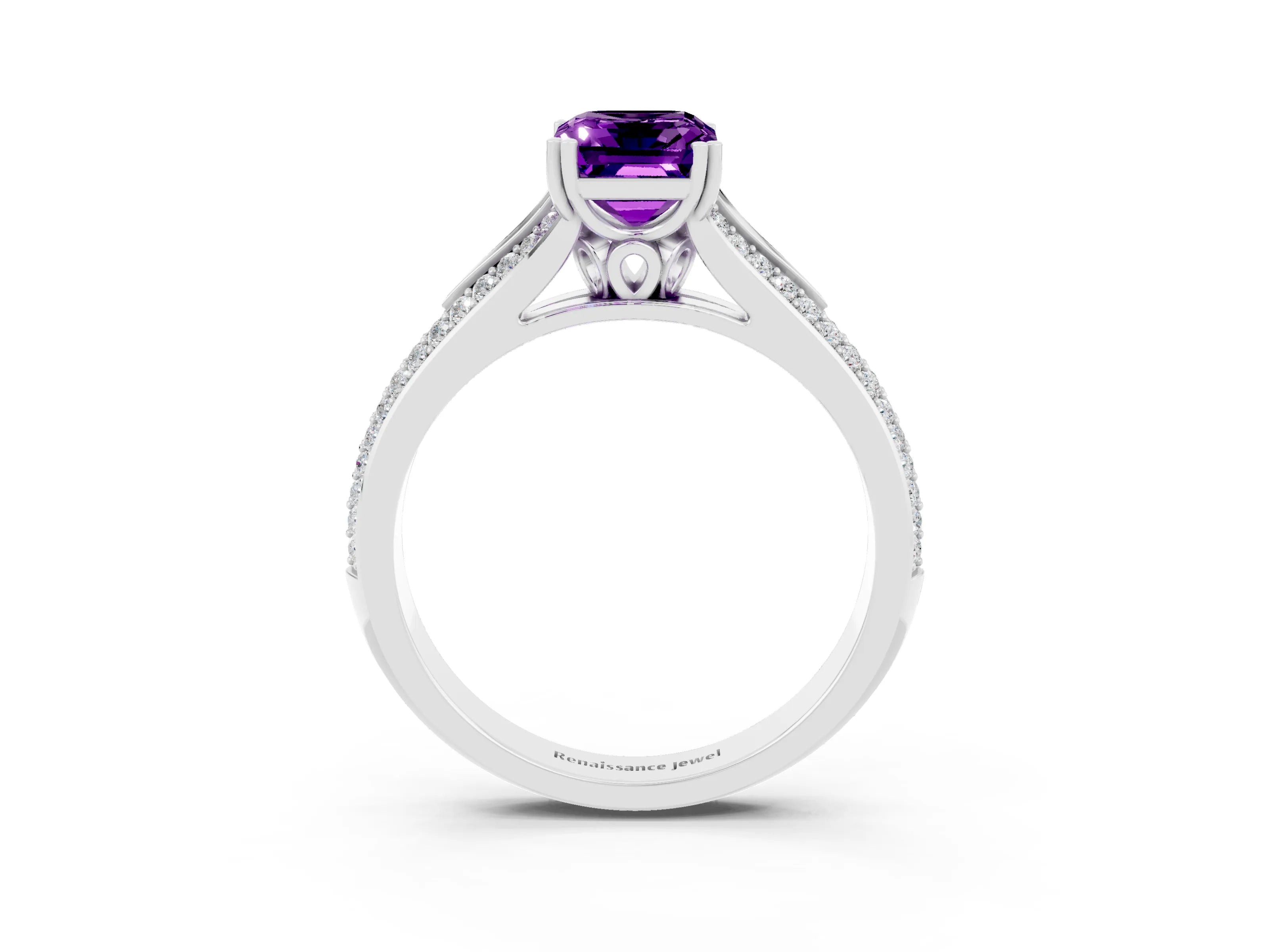 White gold Emerald Cut Amethyst Split Shank Engagement Ring with Pavé Band_3
