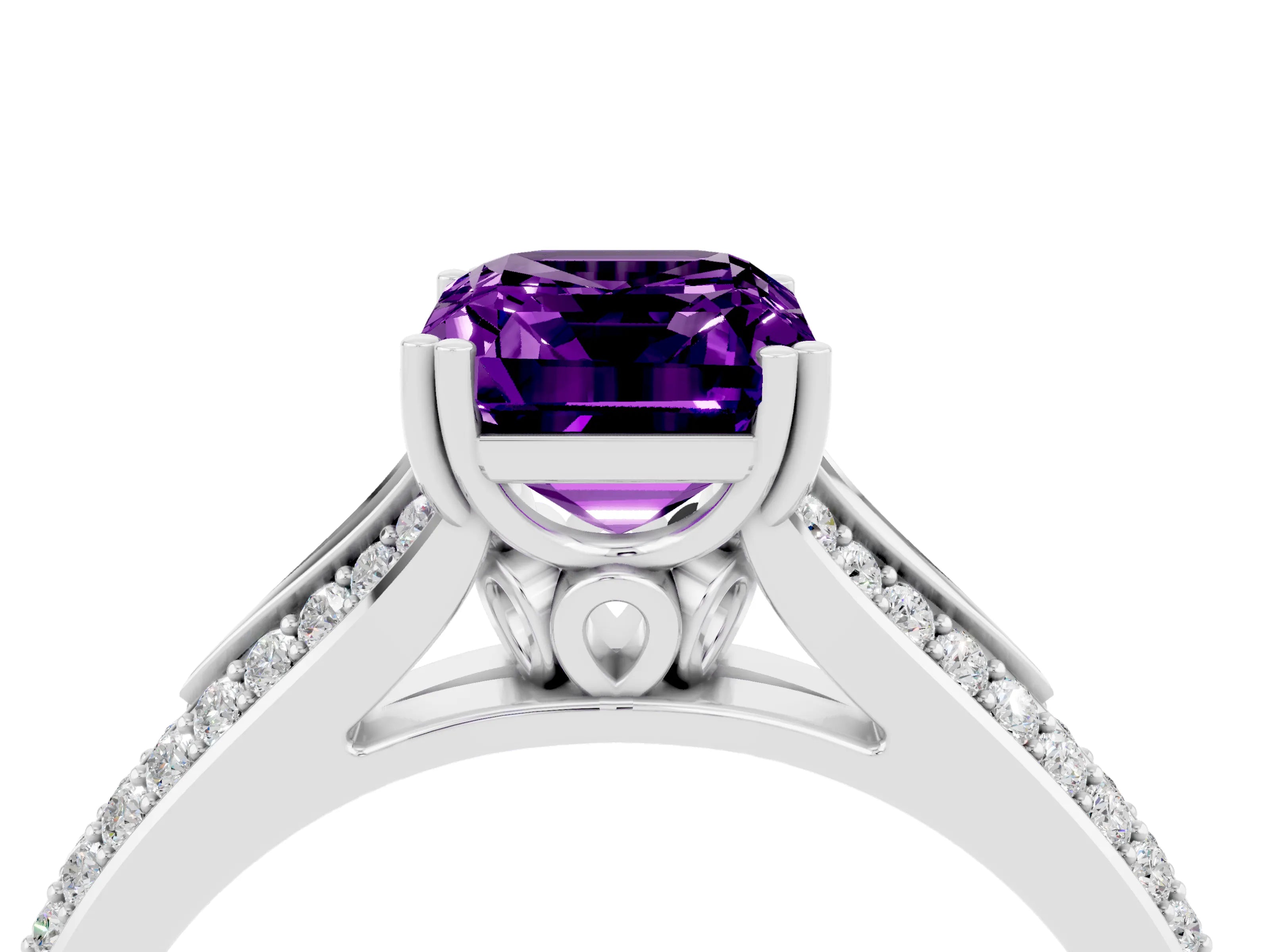White gold Emerald Cut Amethyst Split Shank Engagement Ring with Pavé Band_4