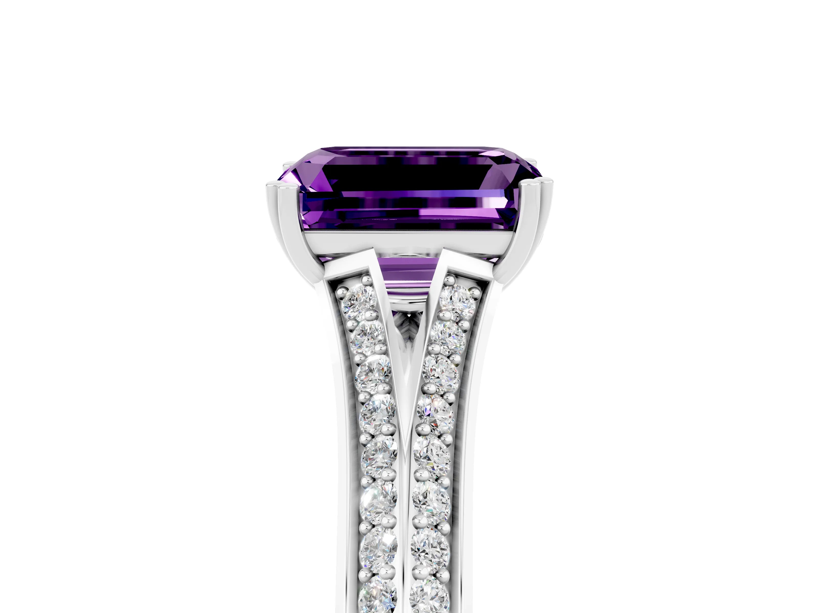 White gold Emerald Cut Amethyst Split Shank Engagement Ring with Pavé Band_5
