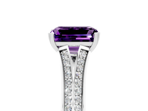 White gold Emerald Cut Amethyst Split Shank Engagement Ring with Pavé Band_5