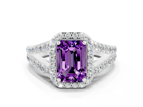 Platinum Emerald Cut Amethyst Split Shank Halo Ring with Four-Prong Setting