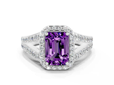 White gold Emerald Cut Amethyst Split Shank Halo Ring with Four-Prong Setting_12