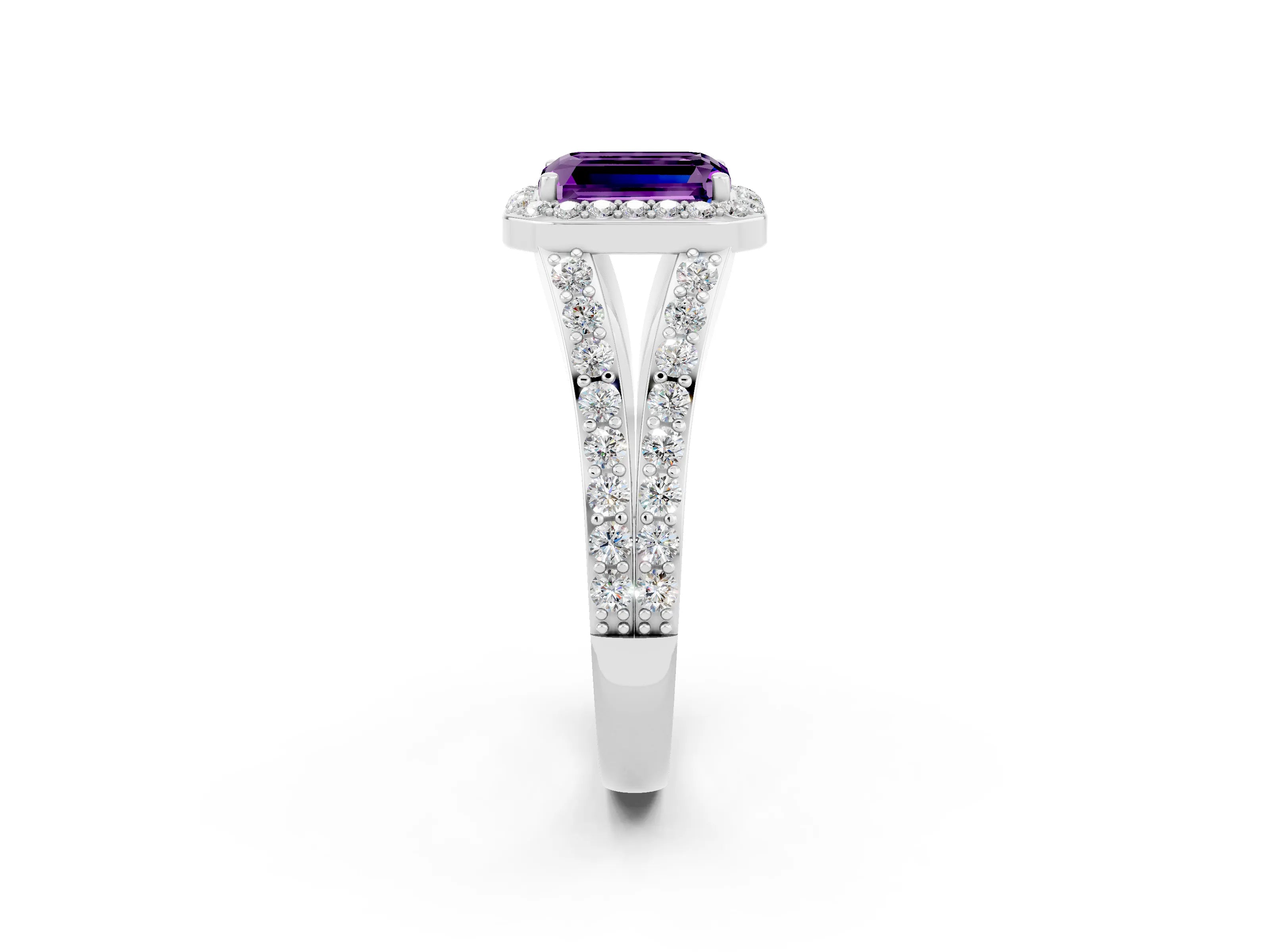 White gold Emerald Cut Amethyst Split Shank Halo Ring with Four-Prong Setting_14