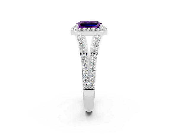 Silver Emerald Cut Amethyst Split Shank Halo Ring with Four-Prong Setting