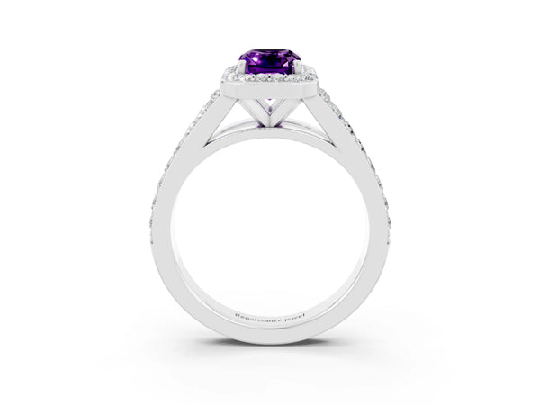 Silver Emerald Cut Amethyst Split Shank Halo Ring with Four-Prong Setting