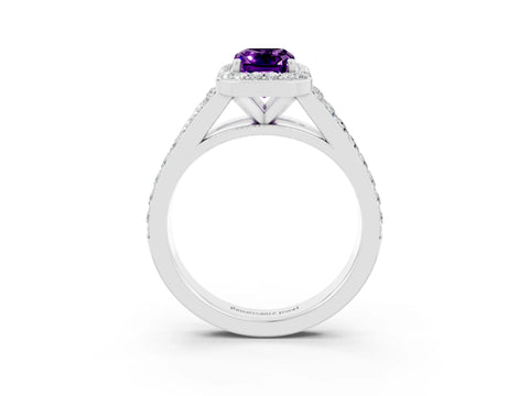 White gold Emerald Cut Amethyst Split Shank Halo Ring with Four-Prong Setting_15
