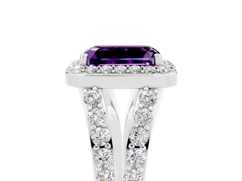 White gold Emerald Cut Amethyst Split Shank Halo Ring with Four-Prong Setting_17