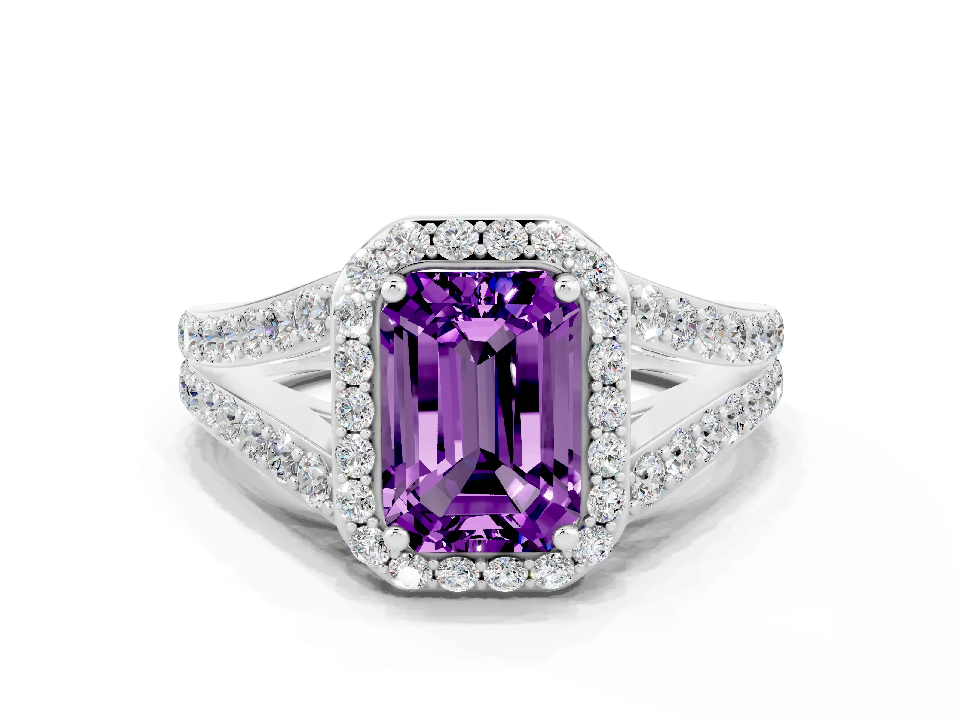 White gold Emerald Cut Amethyst Split Shank Halo Ring with Four-Prong Setting_24