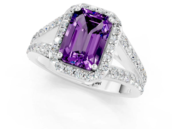 White gold Emerald Cut Amethyst Split Shank Halo Ring with Four-Prong Setting
