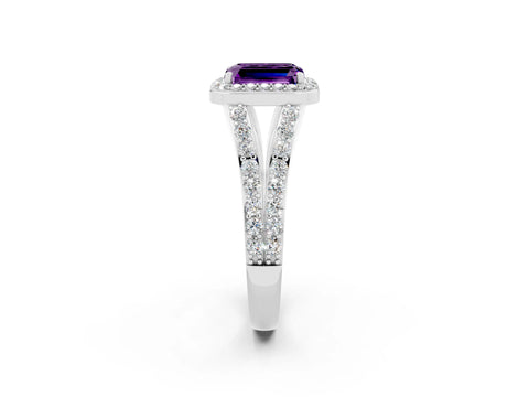 White gold Emerald Cut Amethyst Split Shank Halo Ring with Four-Prong Setting_26