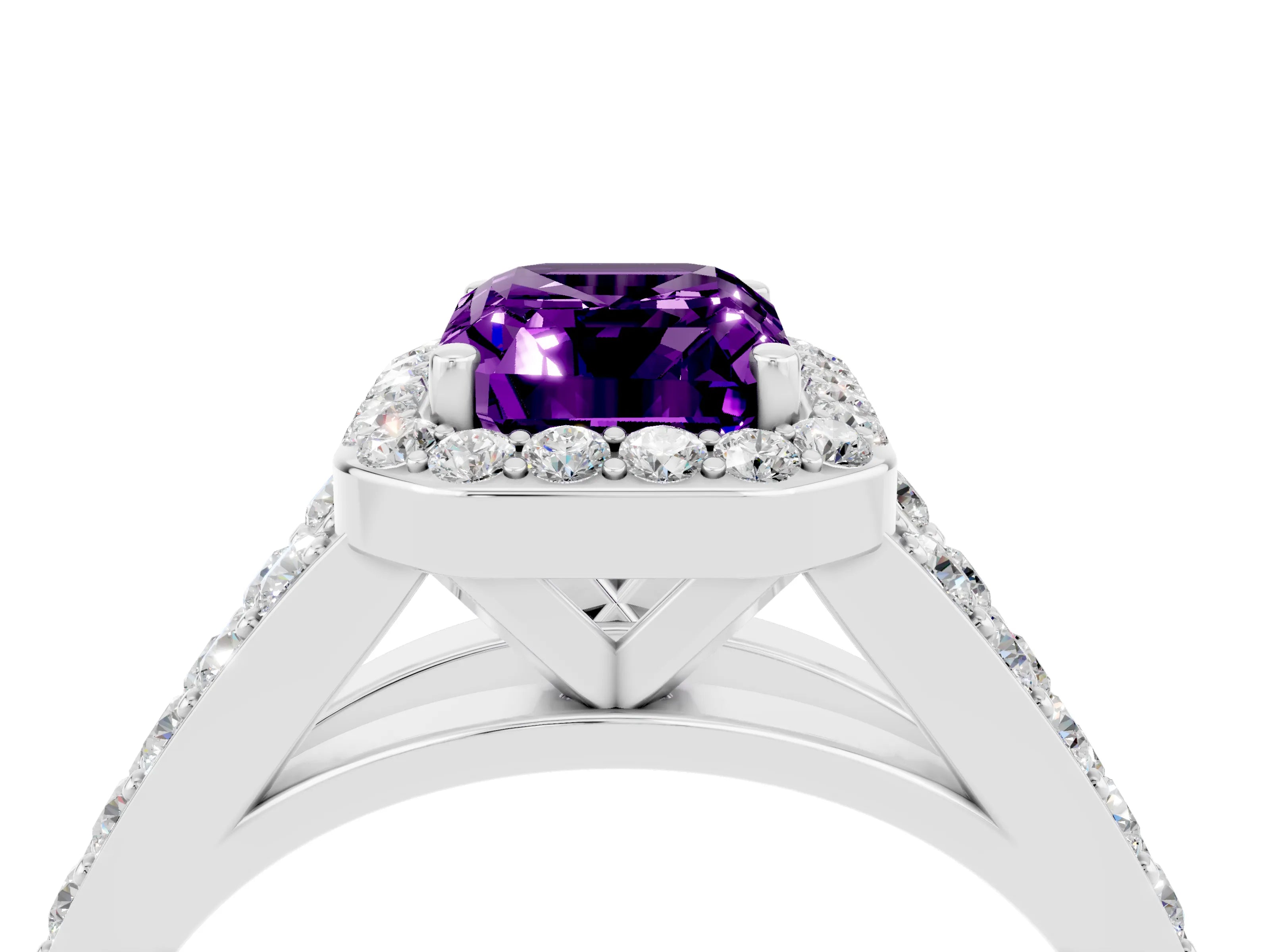 White gold Emerald Cut Amethyst Split Shank Halo Ring with Four-Prong Setting_28