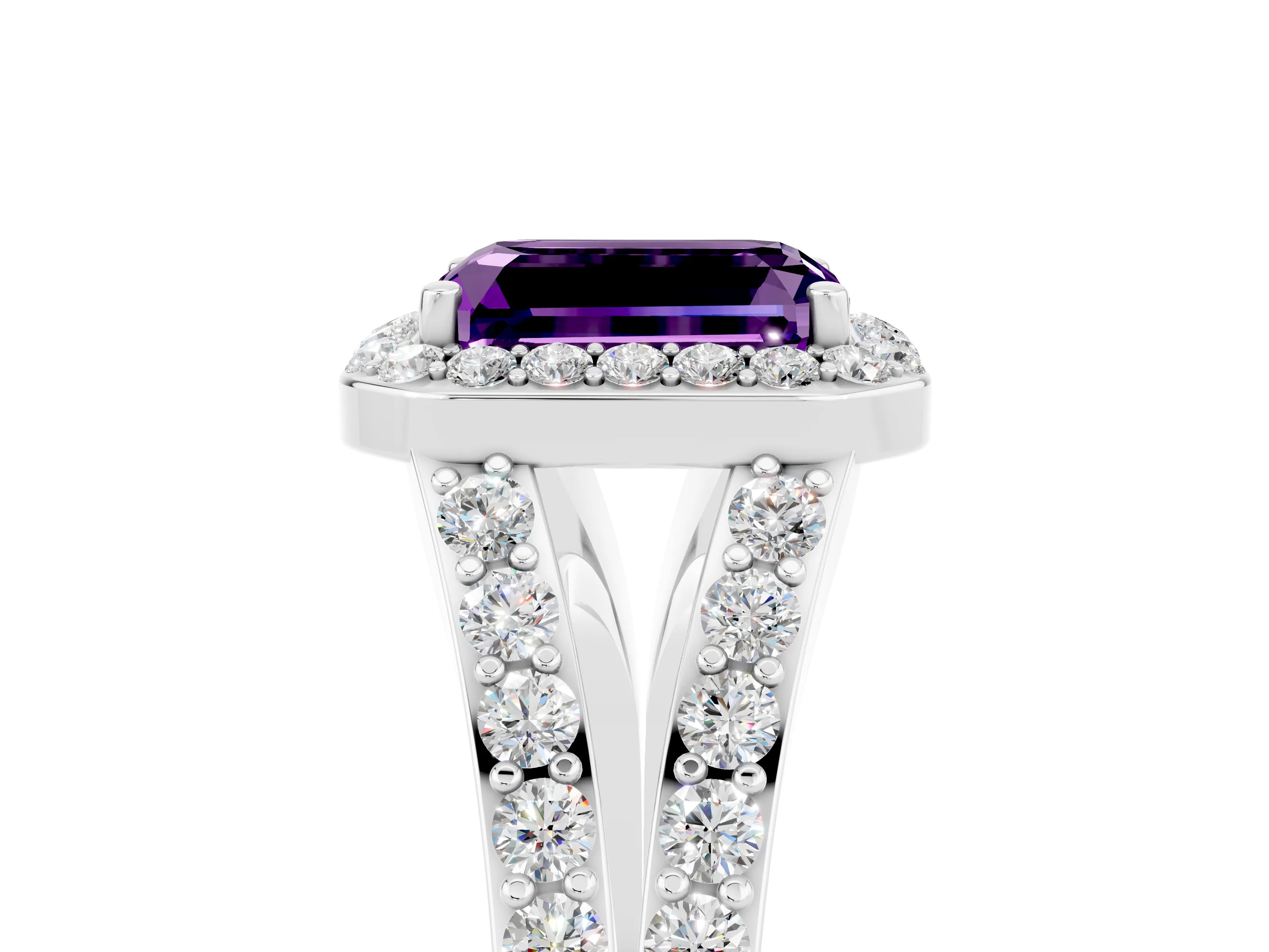 White gold Emerald Cut Amethyst Split Shank Halo Ring with Four-Prong Setting_29