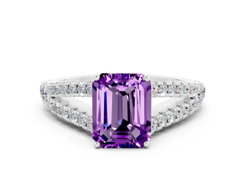 White gold Emerald Cut Amethyst Split Shank Pavé Engagement Ring with Four-Prong Setting_12