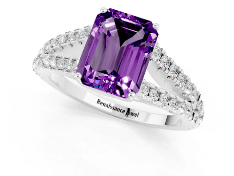 White gold Emerald Cut Amethyst Split Shank Pavé Engagement Ring with Four-Prong Setting_13