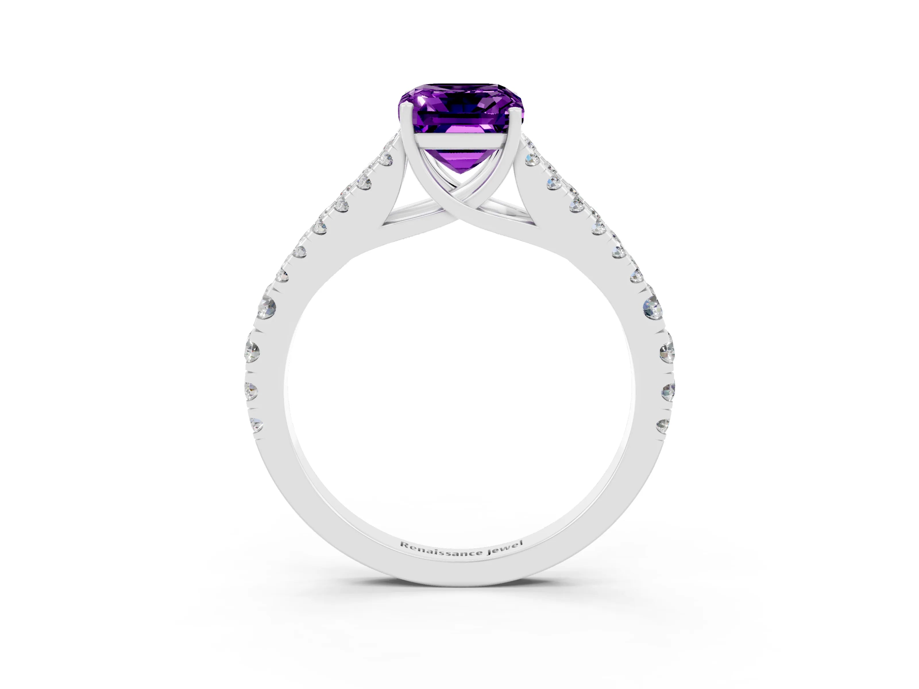 White gold Emerald Cut Amethyst Split Shank Pavé Engagement Ring with Four-Prong Setting_15