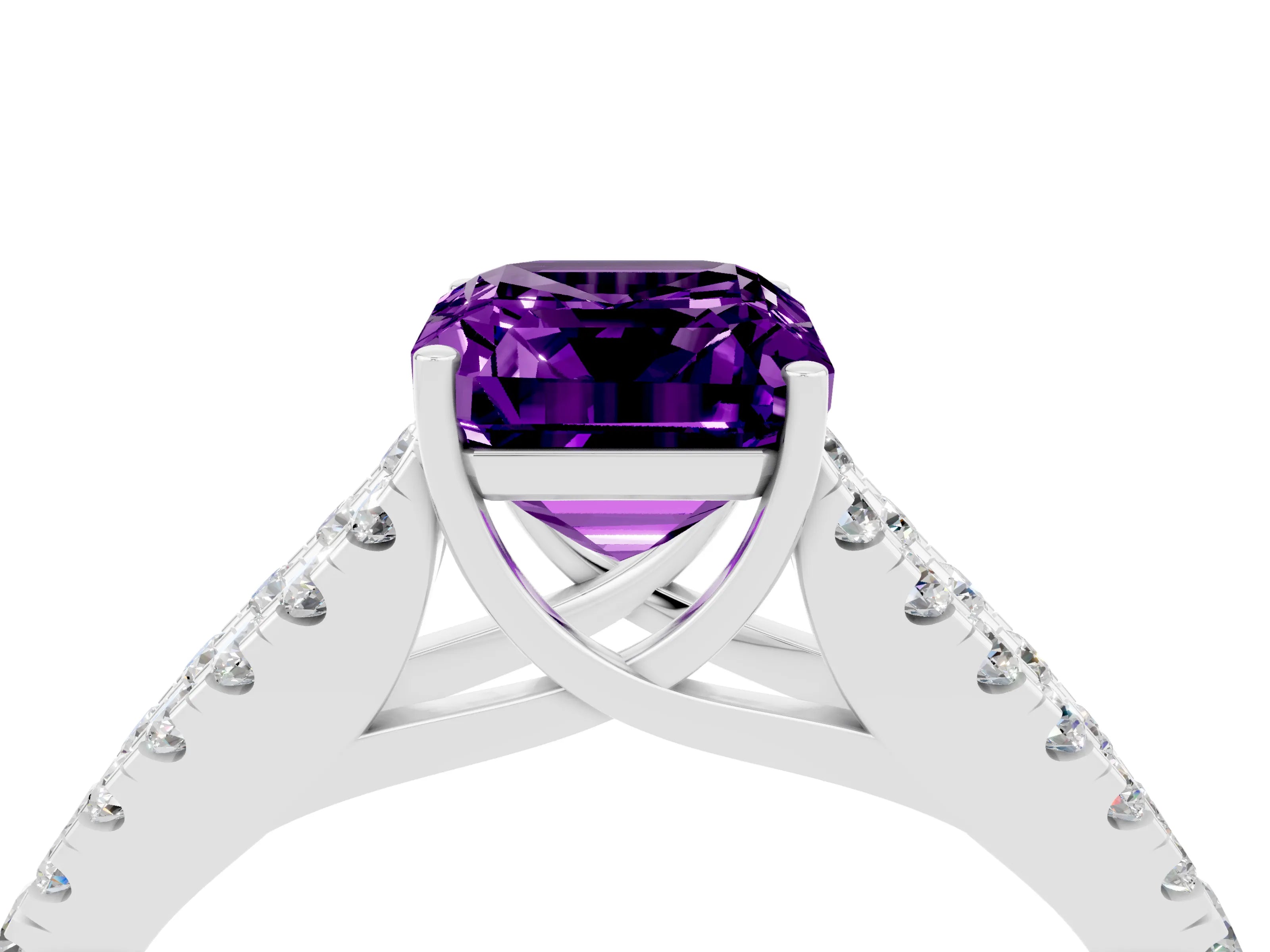 White gold Emerald Cut Amethyst Split Shank Pavé Engagement Ring with Four-Prong Setting_16