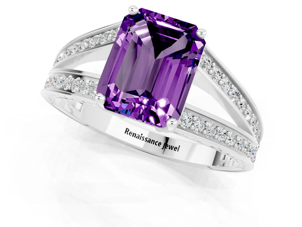 White gold Emerald Cut Amethyst Split Shank Ring with Pavé Band and Four-Prong Setting