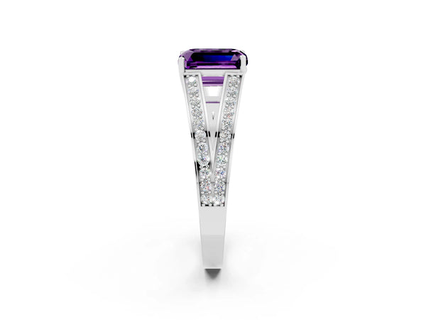 Platinum Emerald Cut Amethyst Split Shank Ring with Pavé Band and Four-Prong Setting