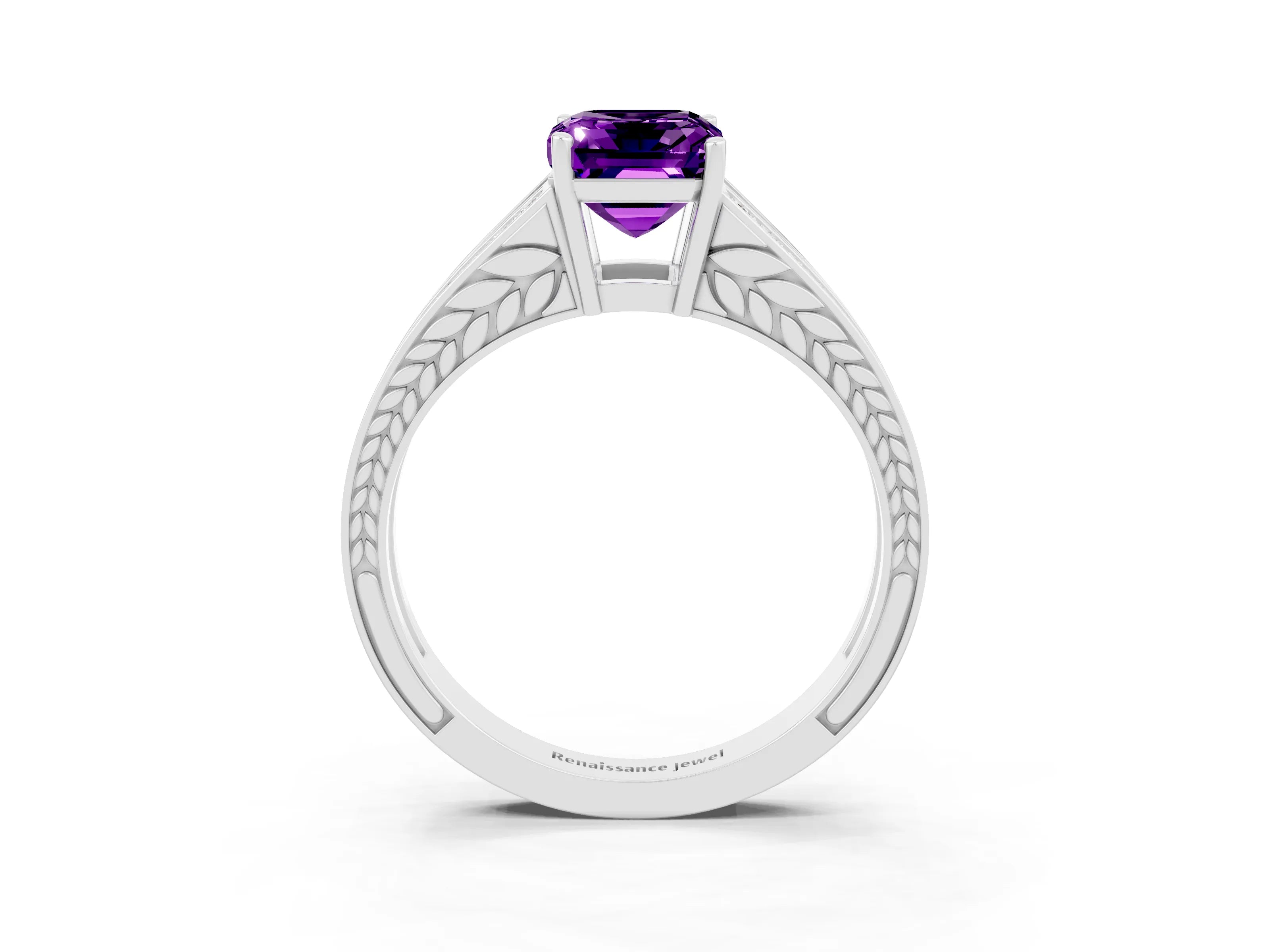 White gold Emerald Cut Amethyst Split Shank Ring with Pavé Band and Four-Prong Setting_3