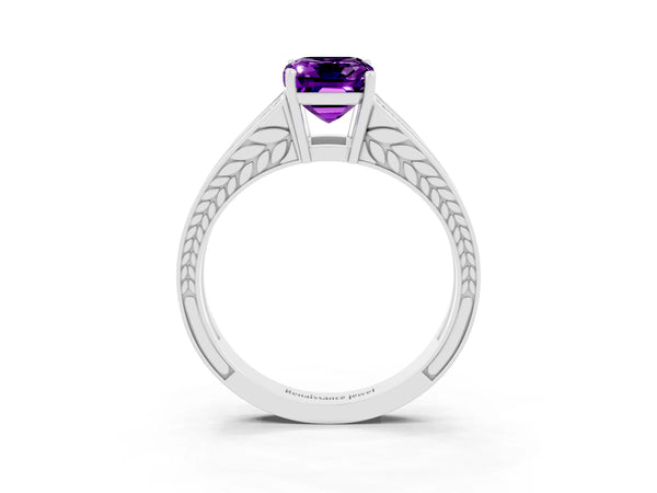 Platinum Emerald Cut Amethyst Split Shank Ring with Pavé Band and Four-Prong Setting