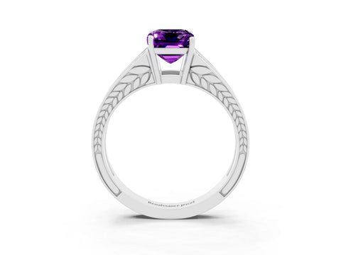 White gold Emerald Cut Amethyst Split Shank Ring with Pavé Band and Four-Prong Setting_3