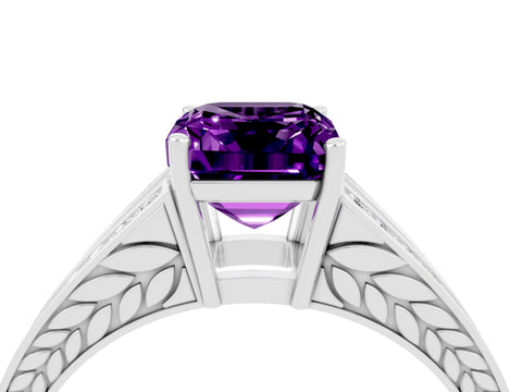 White gold Emerald Cut Amethyst Split Shank Ring with Pavé Band and Four-Prong Setting_4