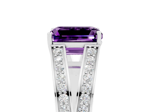 White gold Emerald Cut Amethyst Split Shank Ring with Pavé Band and Four-Prong Setting_5
