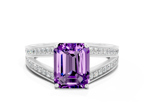 Silver Emerald Cut Amethyst Split Shank Ring with Pavé Band and Four-Prong Setting