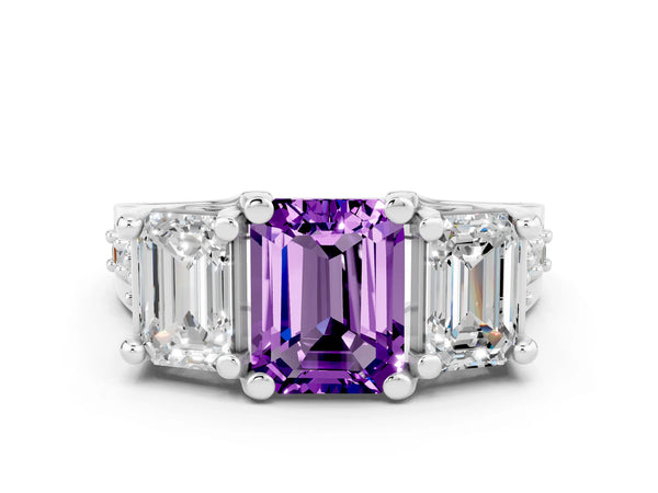 Platinum Emerald Cut Amethyst Three-Stone Ring with Channel Set Band and Four-Prong Setting