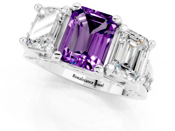 Platinum Emerald Cut Amethyst Three-Stone Ring with Channel Set Band and Four-Prong Setting
