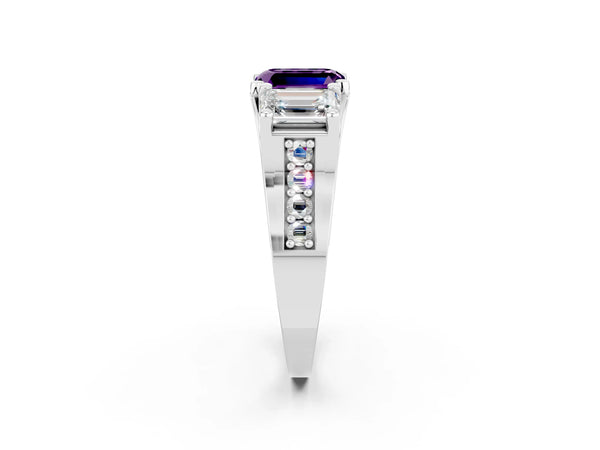 Platinum Emerald Cut Amethyst Three-Stone Ring with Channel Set Band and Four-Prong Setting