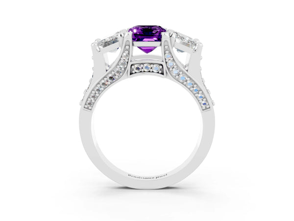Platinum Emerald Cut Amethyst Three-Stone Ring with Channel Set Band and Four-Prong Setting