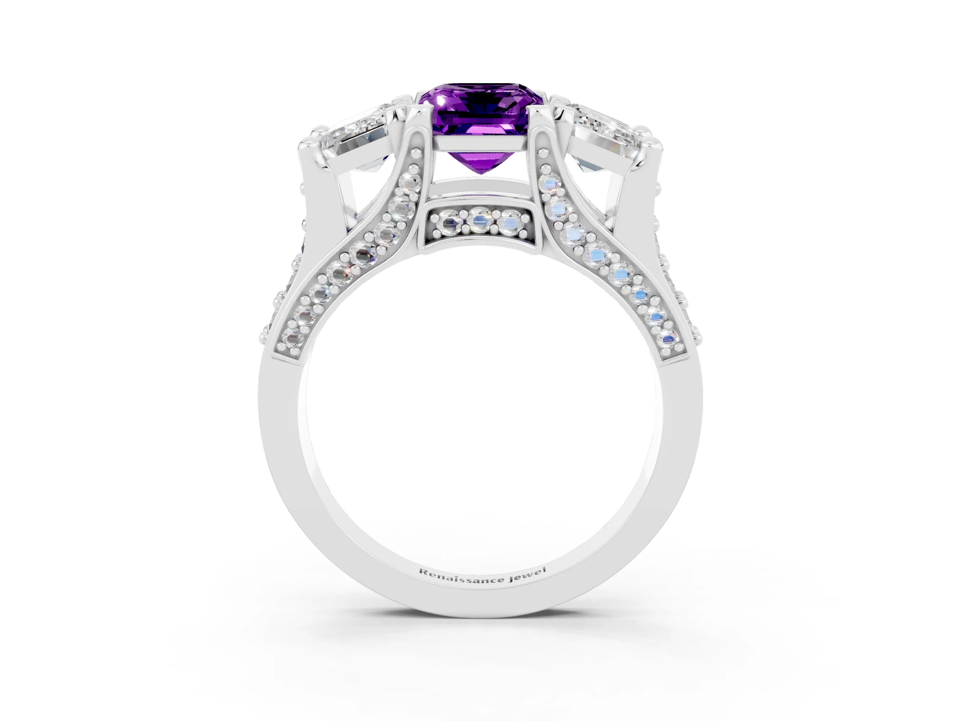 White gold Emerald Cut Amethyst Three-Stone Ring with Channel Set Band and Four-Prong Setting_3