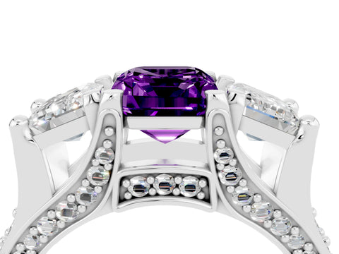 White gold Emerald Cut Amethyst Three-Stone Ring with Channel Set Band and Four-Prong Setting_4