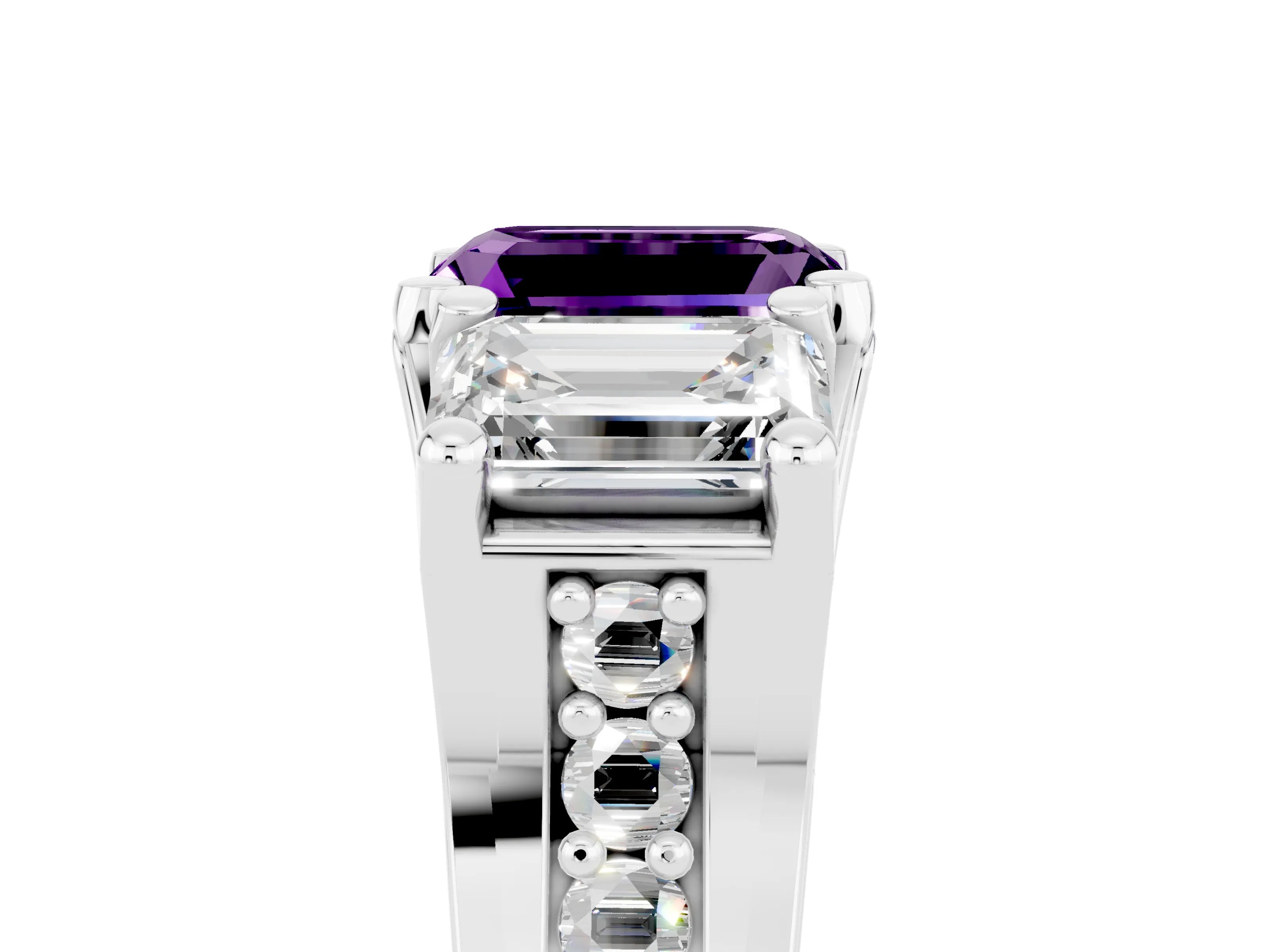 White gold Emerald Cut Amethyst Three-Stone Ring with Channel Set Band and Four-Prong Setting_5