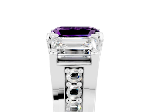 White gold Emerald Cut Amethyst Three-Stone Ring with Channel Set Band and Four-Prong Setting_5