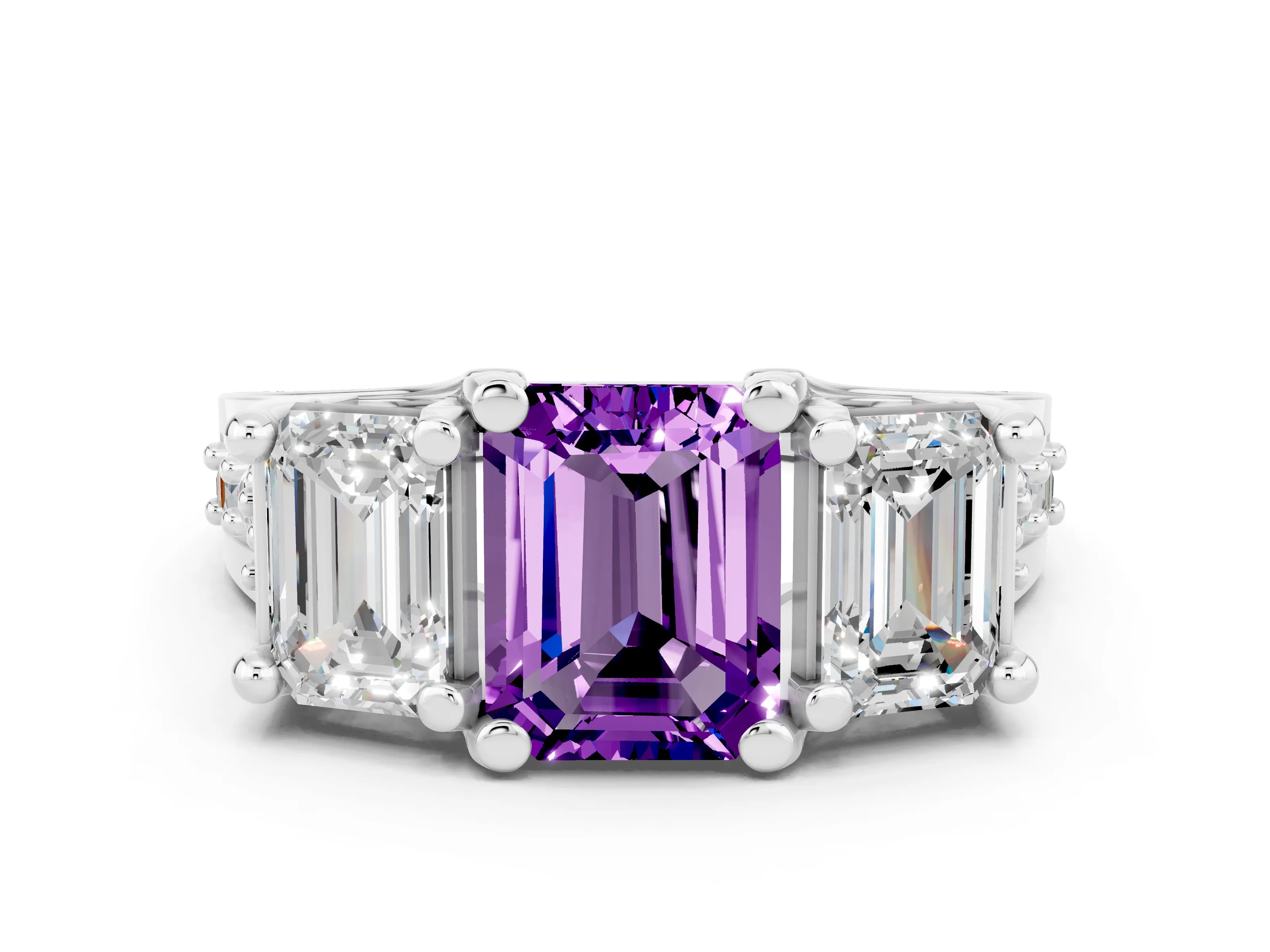 White gold Emerald Cut Amethyst Three-Stone Ring with Channel Set Band and Four-Prong Setting