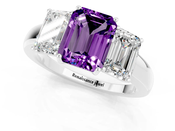 White gold Emerald Cut Amethyst Three-Stone Ring with Four-Prong Setting and Classic Band