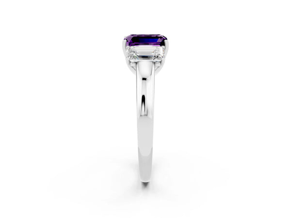 Platinum Emerald Cut Amethyst Three-Stone Ring with Four-Prong Setting and Classic Band