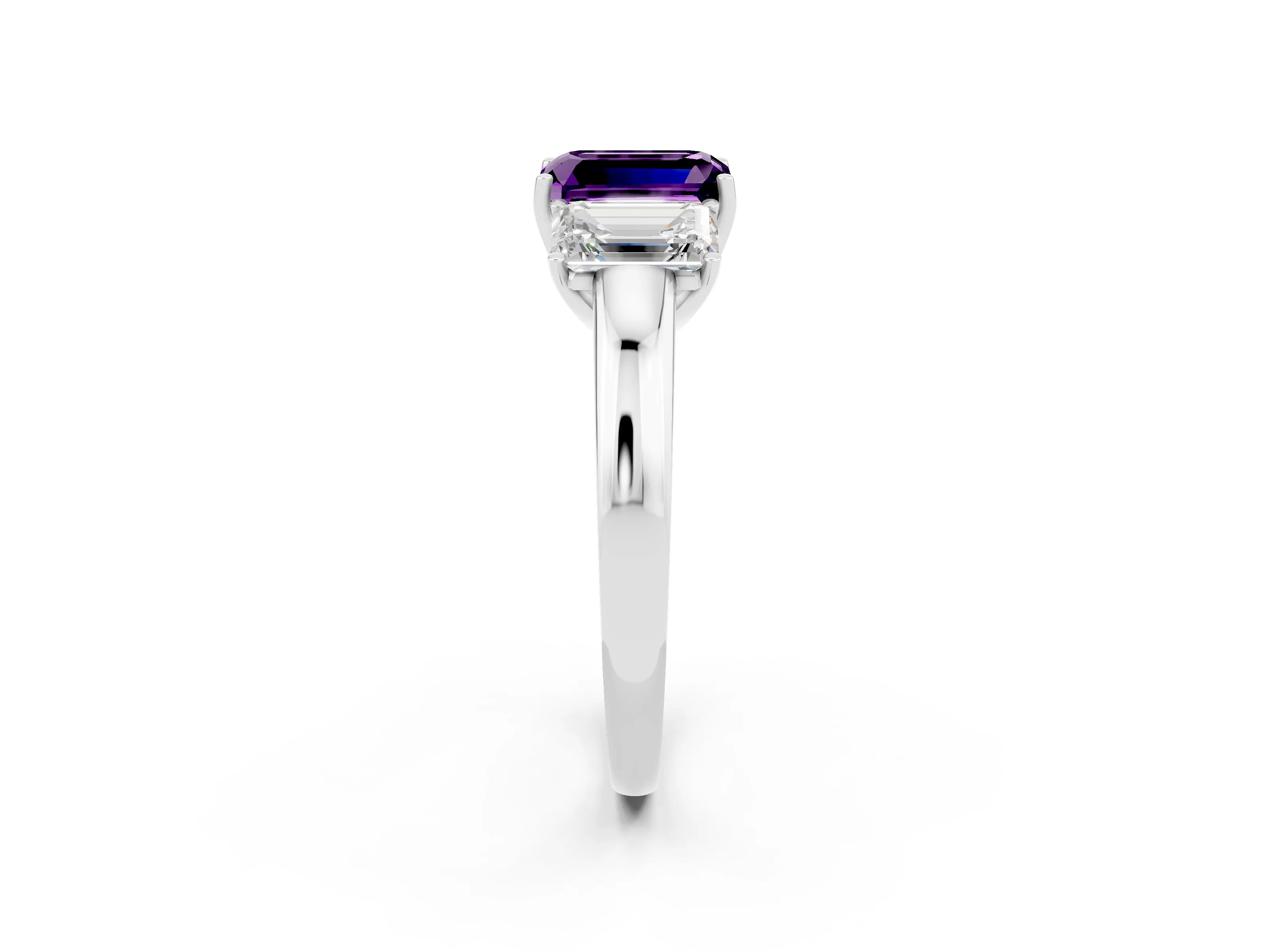 White gold Emerald Cut Amethyst Three-Stone Ring with Four-Prong Setting and Classic Band_2