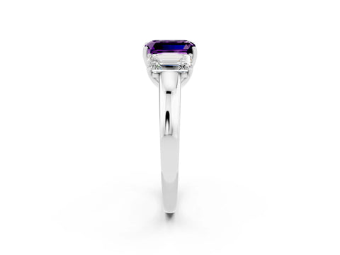 White gold Emerald Cut Amethyst Three-Stone Ring with Four-Prong Setting and Classic Band_2