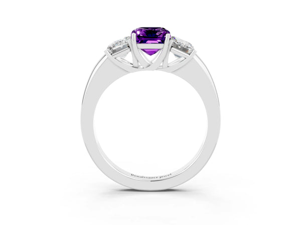 Platinum Emerald Cut Amethyst Three-Stone Ring with Four-Prong Setting and Classic Band