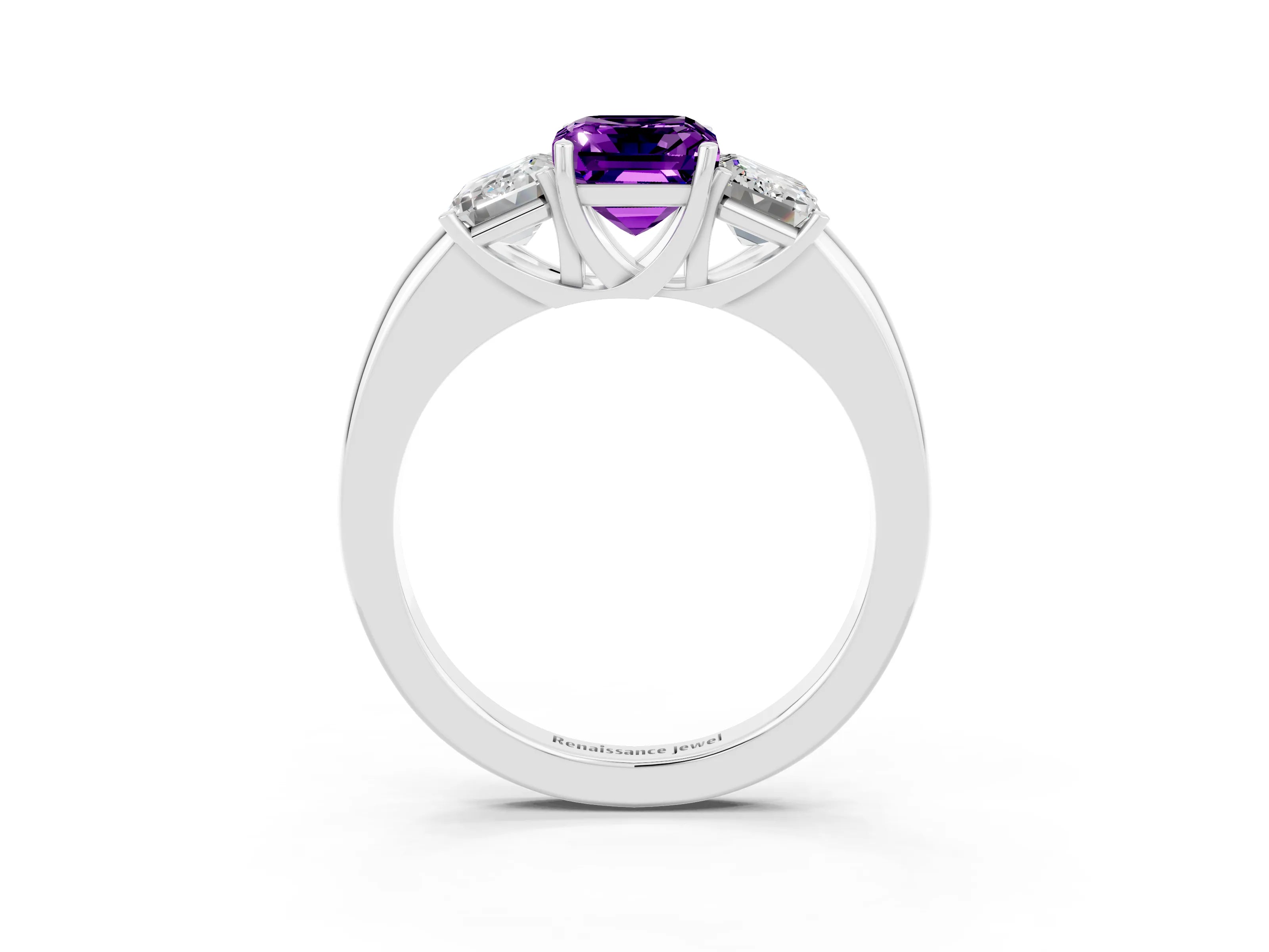 White gold Emerald Cut Amethyst Three-Stone Ring with Four-Prong Setting and Classic Band_3