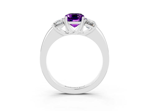 White gold Emerald Cut Amethyst Three-Stone Ring with Four-Prong Setting and Classic Band_3