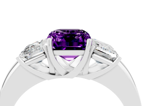 White gold Emerald Cut Amethyst Three-Stone Ring with Four-Prong Setting and Classic Band_4