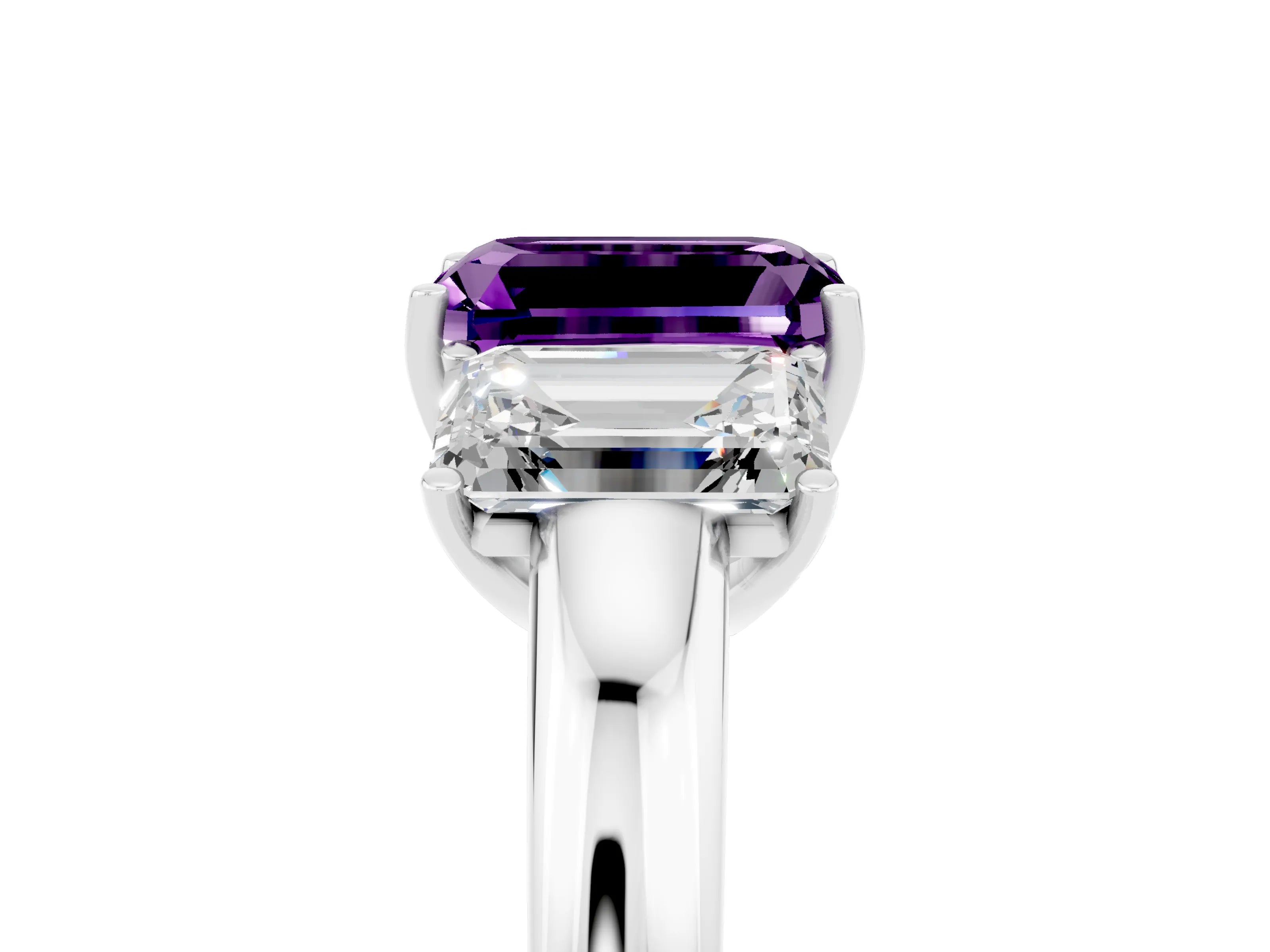 White gold Emerald Cut Amethyst Three-Stone Ring with Four-Prong Setting and Classic Band_5