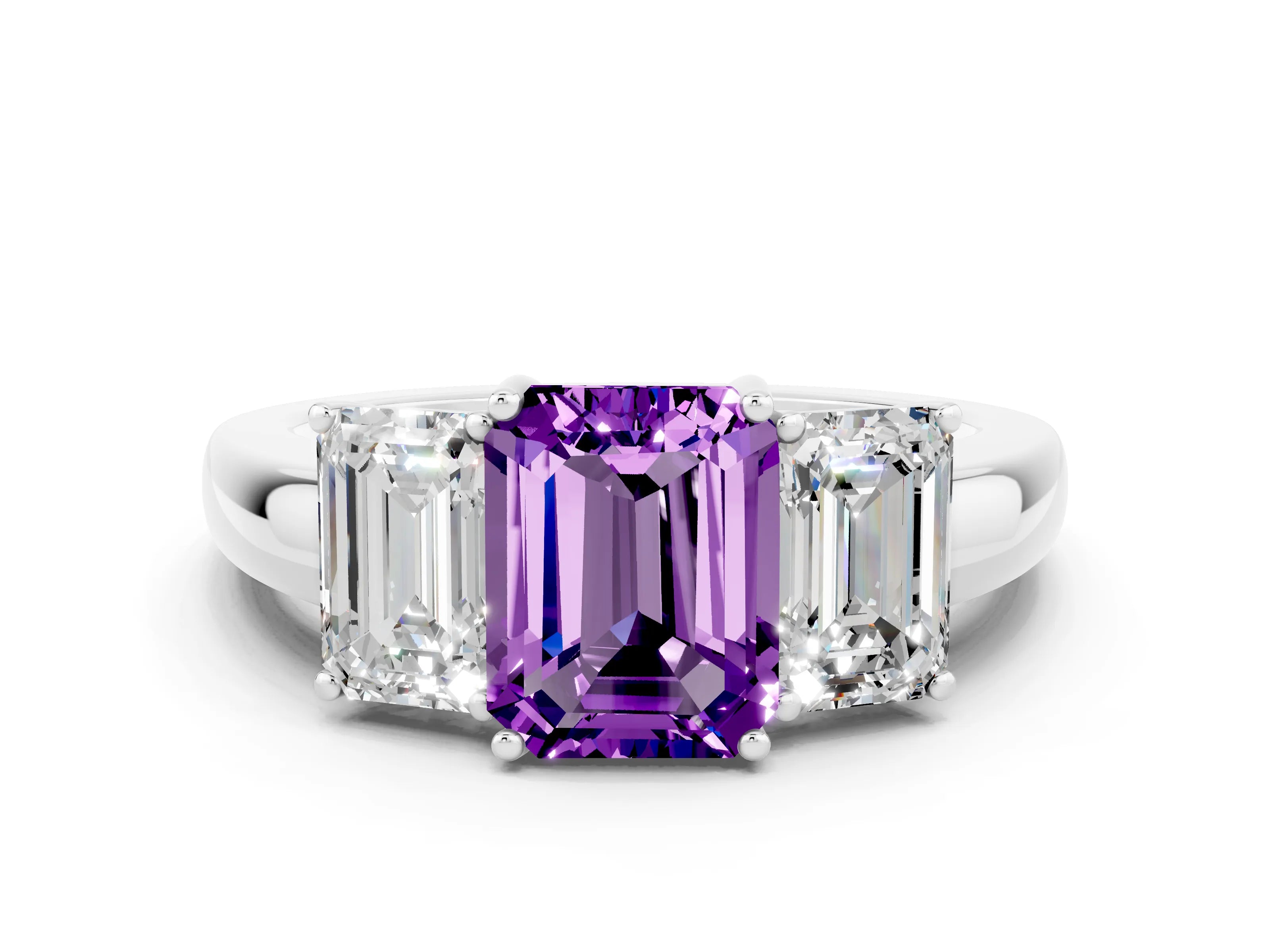 White gold Emerald Cut Amethyst Three-Stone Ring with Four-Prong Setting and Classic Band