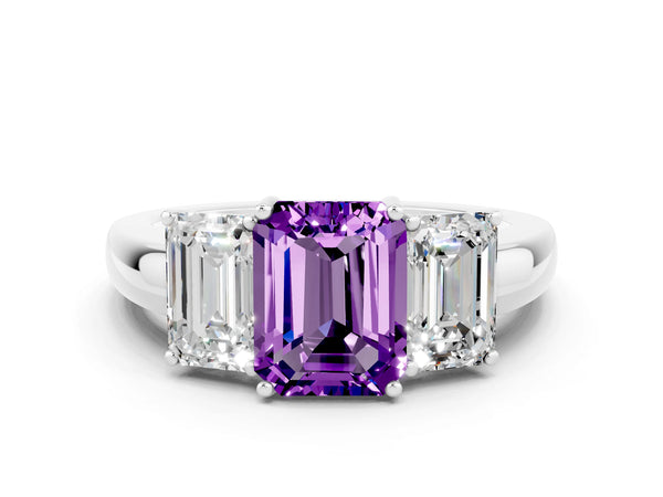 White gold Emerald Cut Amethyst Three-Stone Ring with Four-Prong Setting and Classic Band